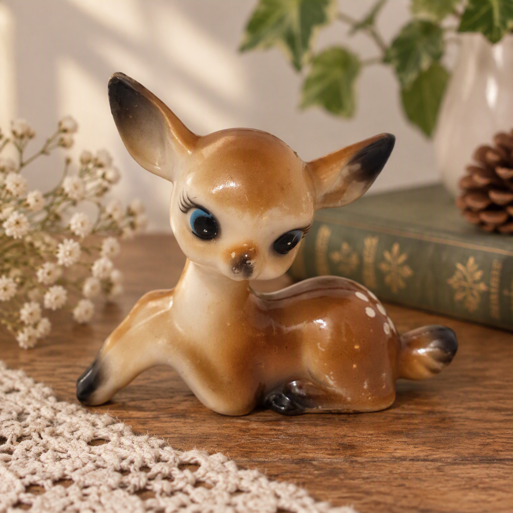 Vintage MCM Hard Plastic 3 1/2" Big Eyed Doe Deer Baby Fawns Figure Christmas